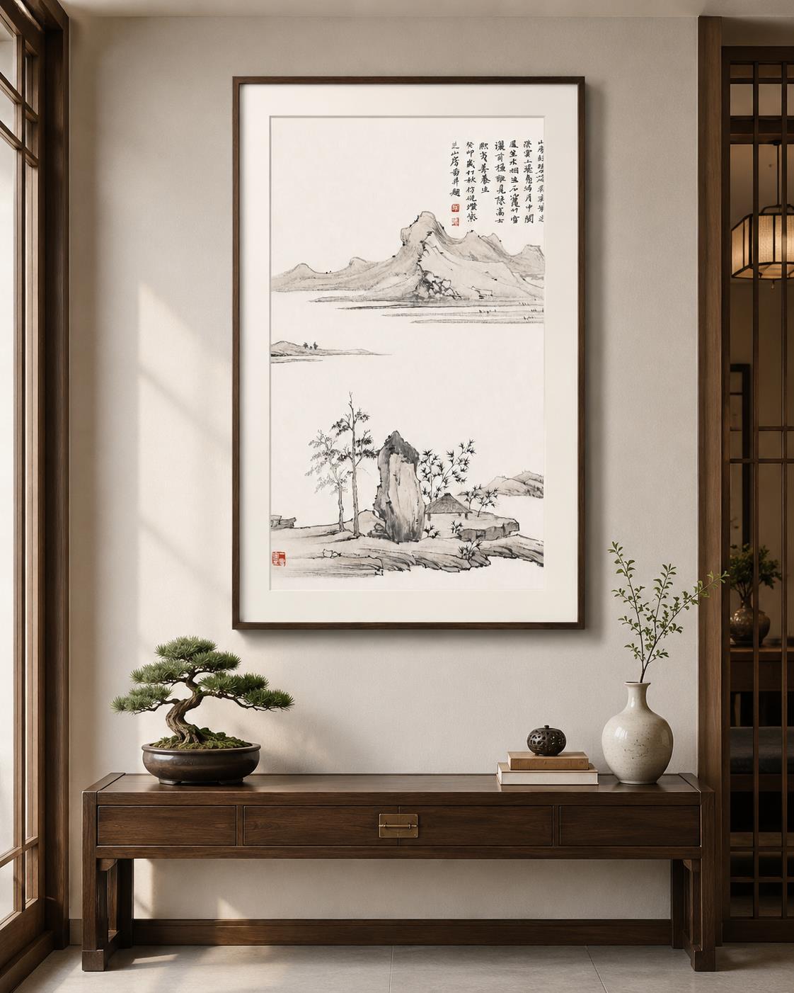 浅色玄关水墨山水装裱效果