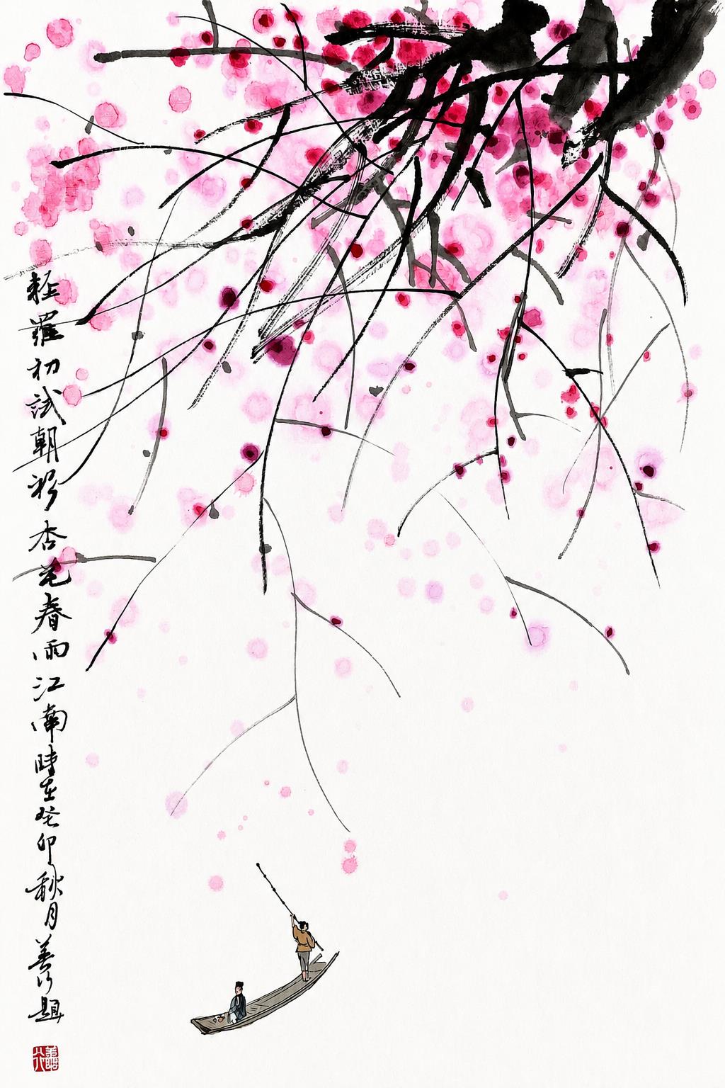 梅花舟行水墨作品