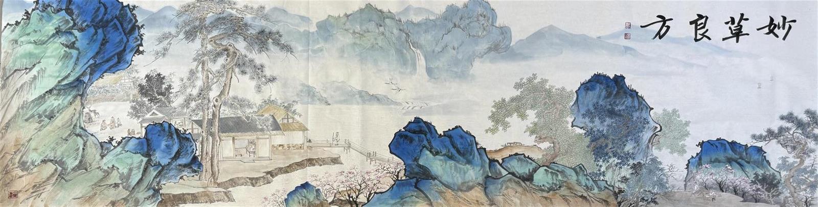 横向青绿山水长卷作品
